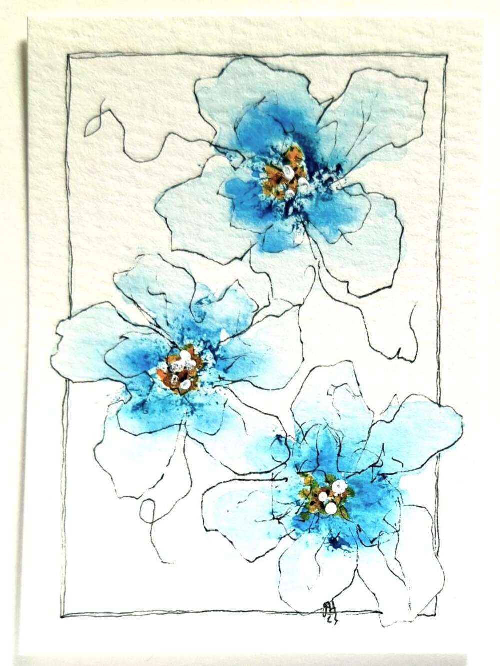 ACEO Watercolor ORIGINAL Floral Gold/Red Tones Ships Free